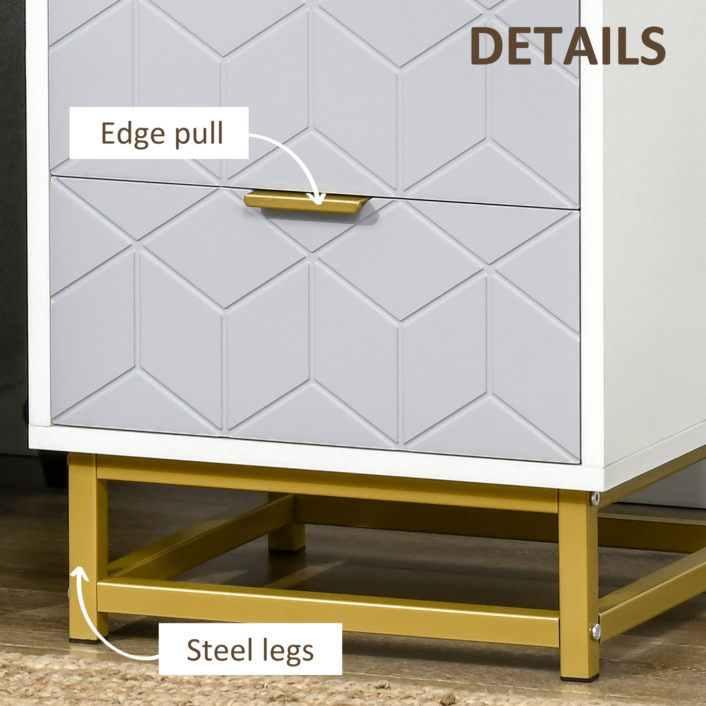 Ranere Metal Grey And White Set Of 2 Bedside Tables 2 Drawers with Gold Accents