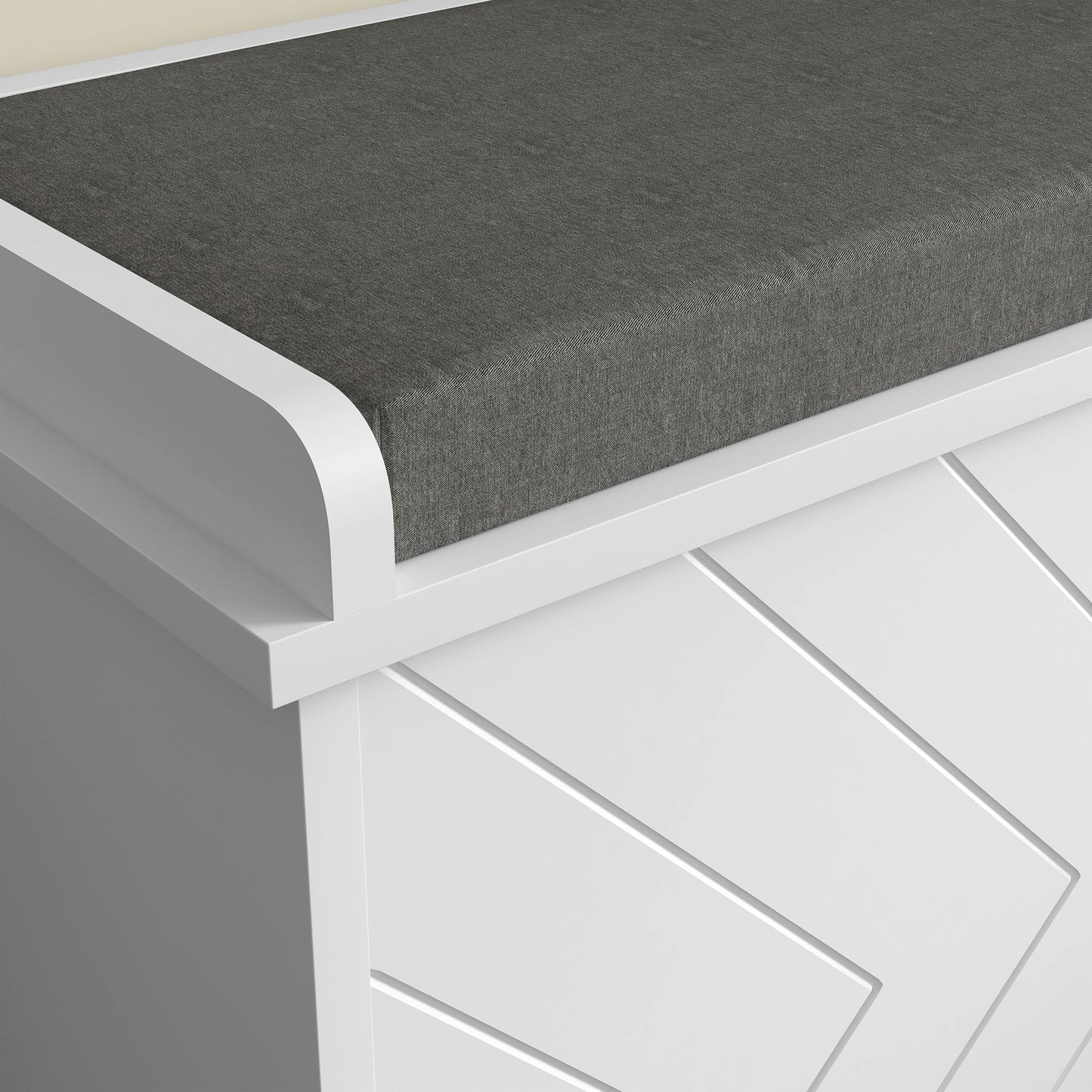 Rakamo Wooden White Chevron Shoe Bench With Grey Padded Seat For 10 Pairs