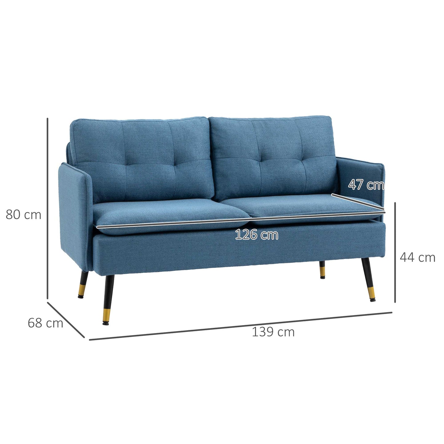Mado Fabric Dark Blue Button Tufted 2 Seater Sofa With Cushions And Steel Legs