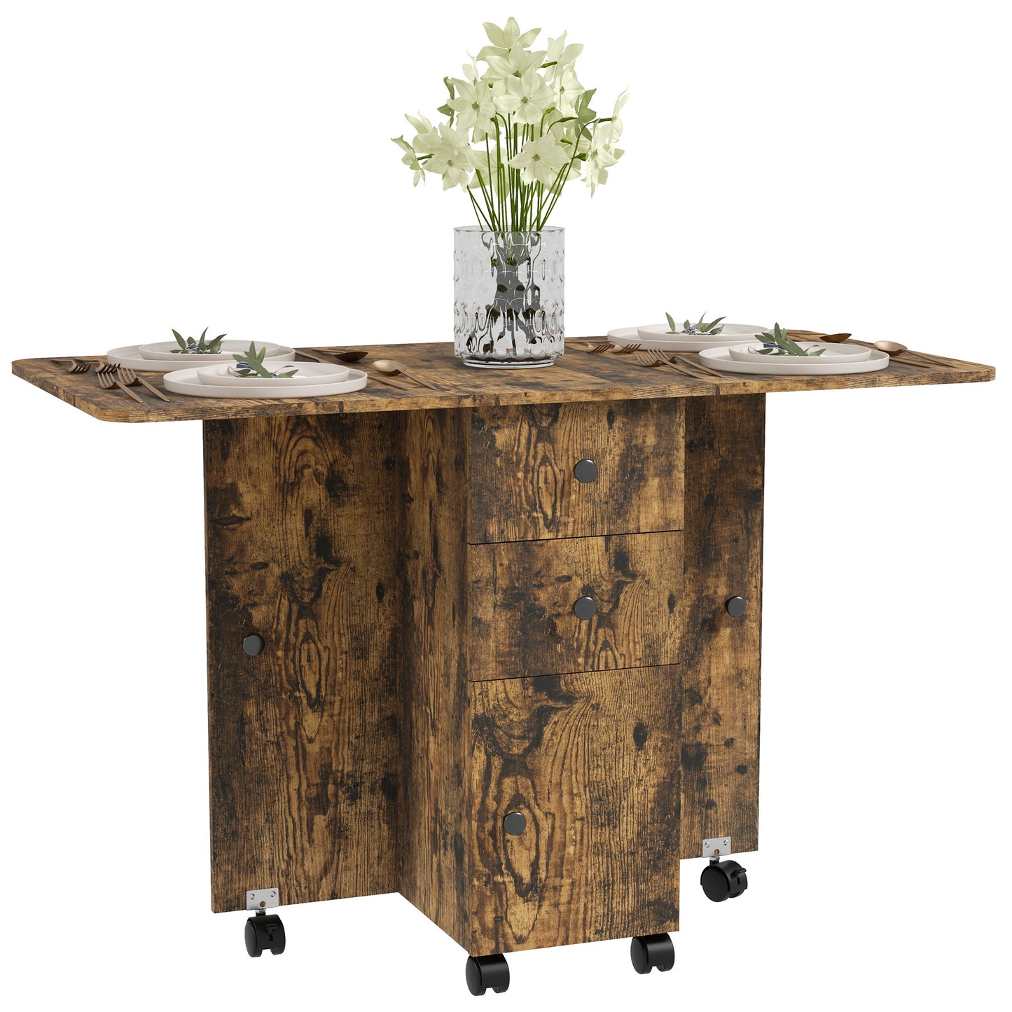 Lasado Wooden Rustic Brown Drop Leaf Dining Table With Storage Seating 6
