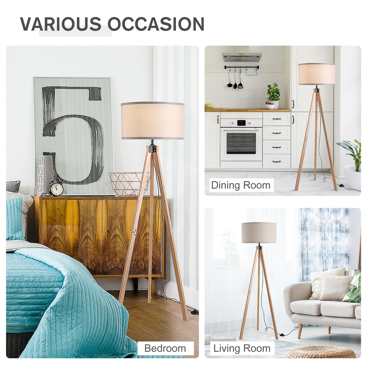 Tare Natural Wood And Fabric Beige Elegant Tripod Floor Lamp