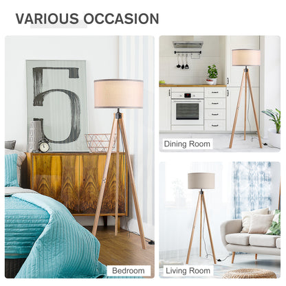 Tare Natural Wood And Fabric Beige Elegant Tripod Floor Lamp