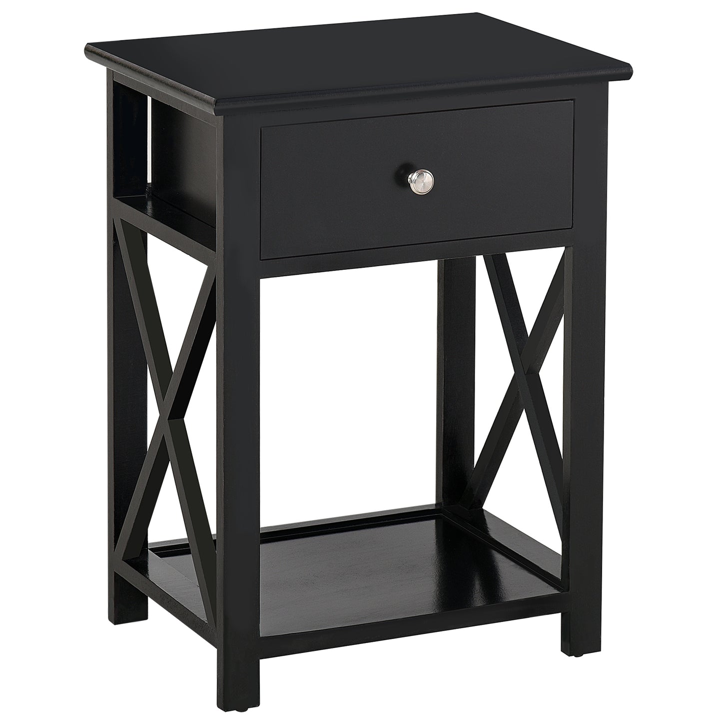 Vidodo Black Wooden Bedside Table With Drawer X Bar Base And Lower Shelf