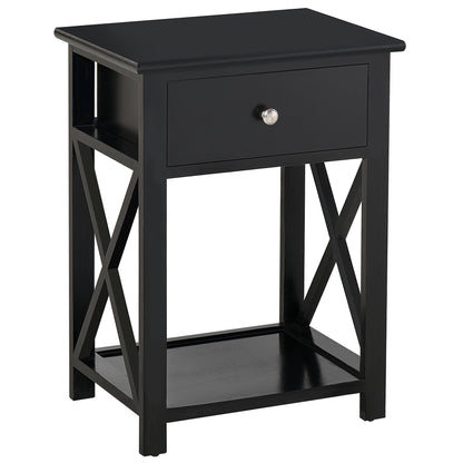 Vidodo Black Wooden Bedside Table With Drawer X Bar Base And Lower Shelf