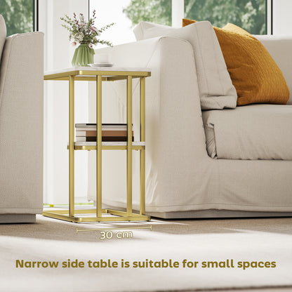 Neso Metal And Wooden White Marble Grain Slim C Shaped Side Table With 2 Tier Storage