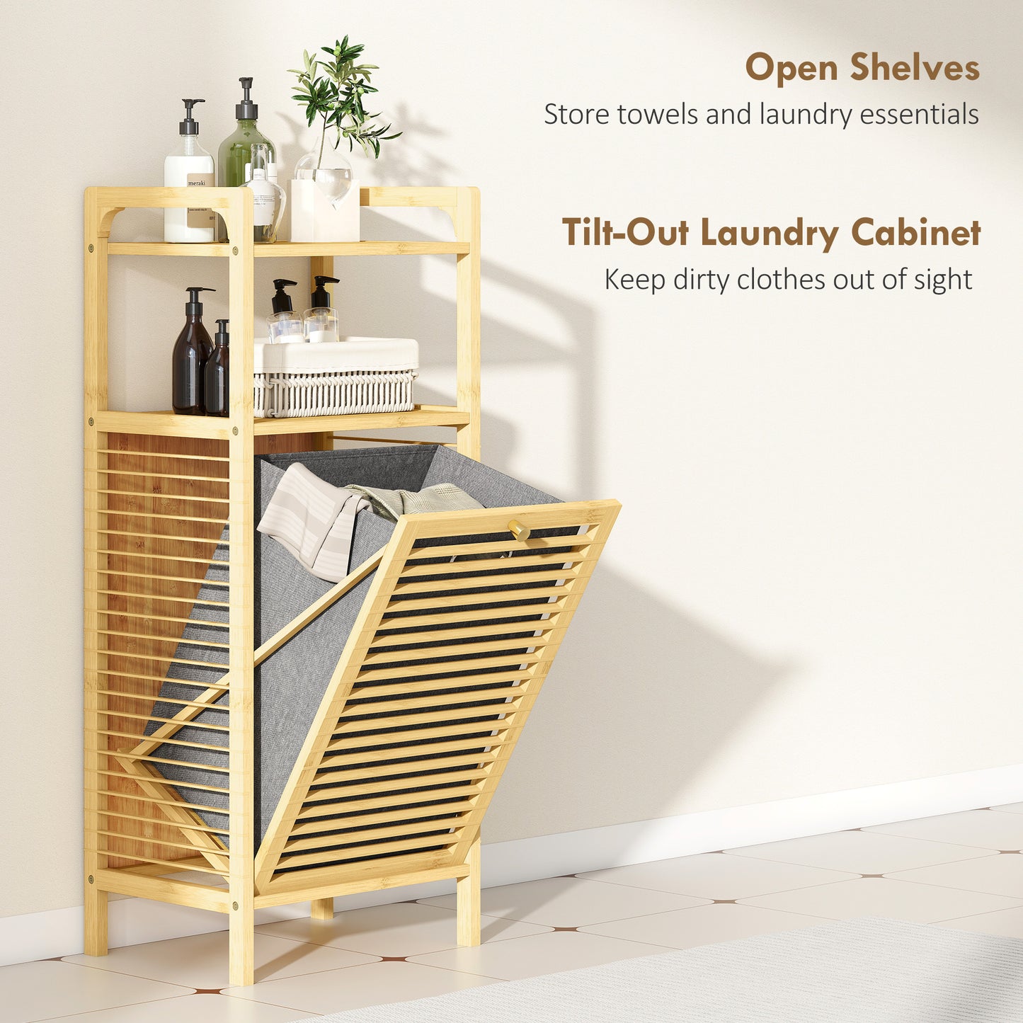 Lopadi Bamboo Laundry Storage Cabinet With Slatted Door And Tilt Out Hamper Natural Wood Finish