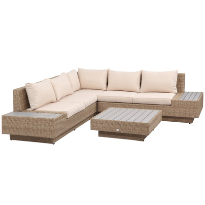 Repa Natural Rattan and Beige 5 Seater Garden Corner Sofa Set With Side Tables and Coffee Table