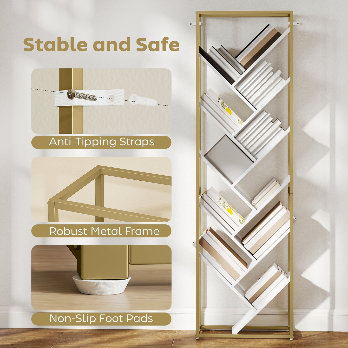 Loelne Wood And Metal Gold Tone And White 10 Tier Modern Display Bookcase