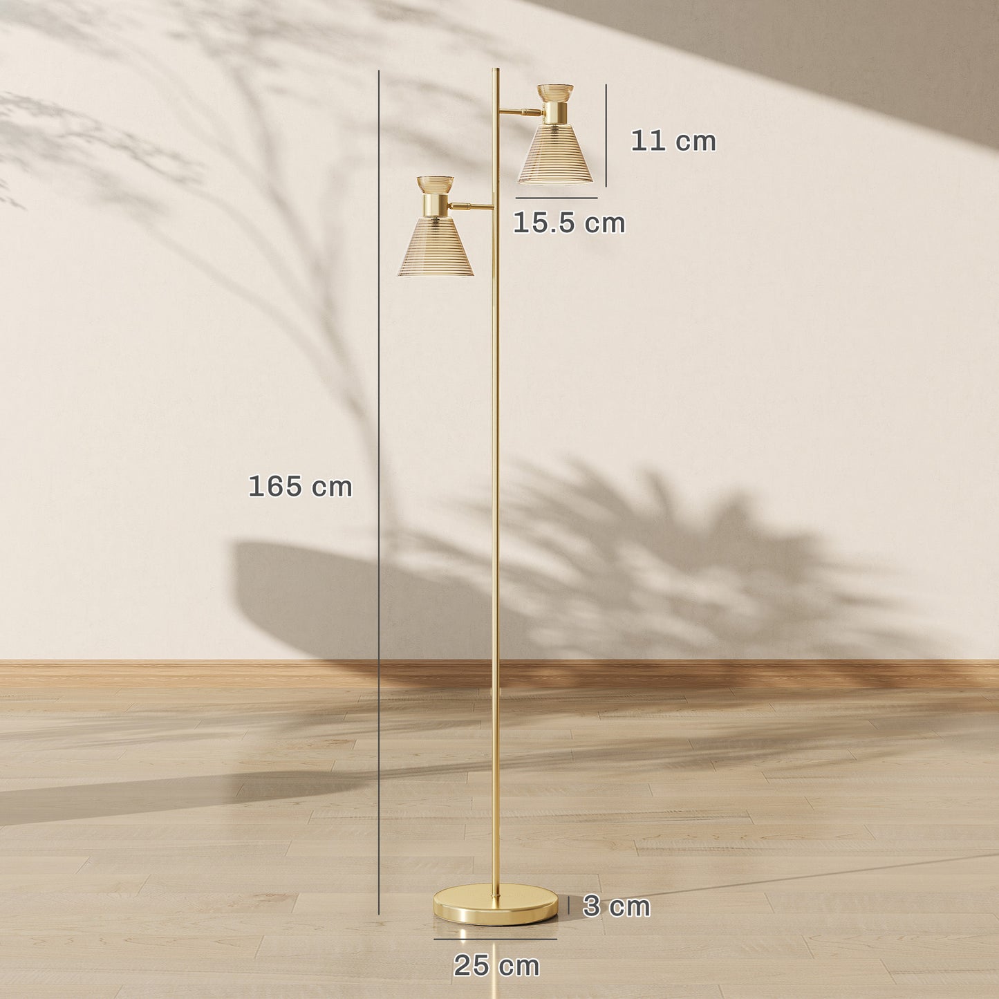 Luno Metal Gold Tone Dual Head Floor Lamp With Ribbed Glass Shades And Foot Switch