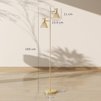 Luno Metal Gold Tone Dual Head Floor Lamp With Ribbed Glass Shades And Foot Switch