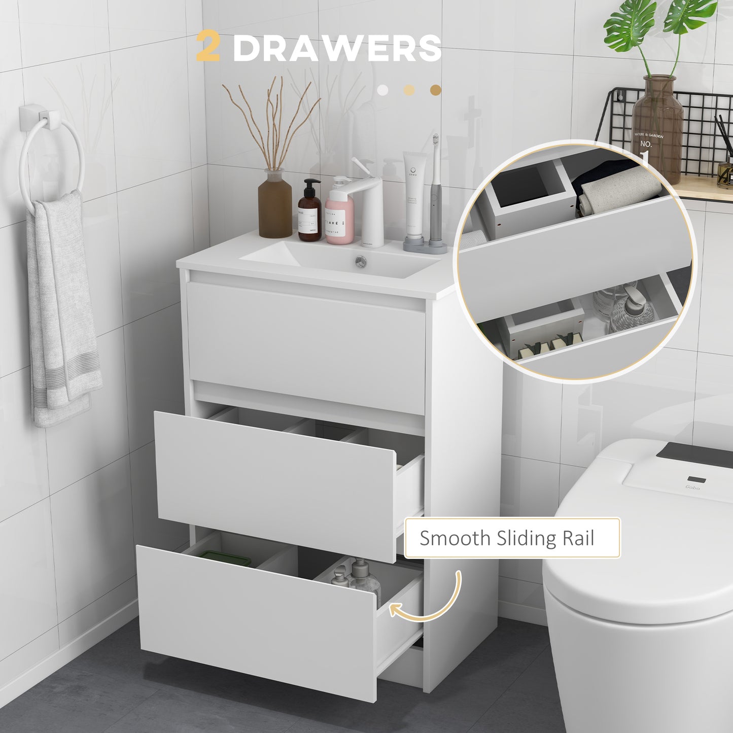Nilute Floor Standing Bathroom Vanity Unit With Basin And 2 Drawers High Gloss White 600mm