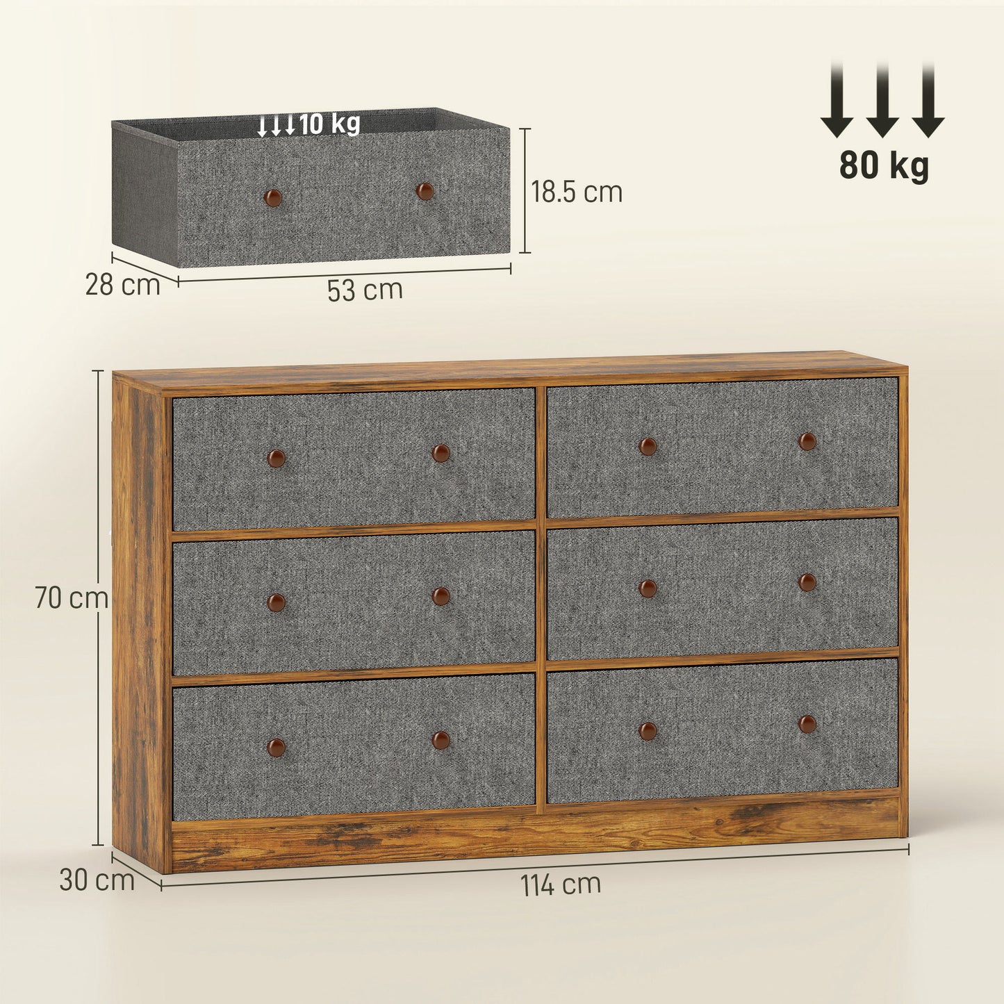 Sanovi Fabric And Wood Grey And Rustic Brown 6 Drawer Storage Dresser