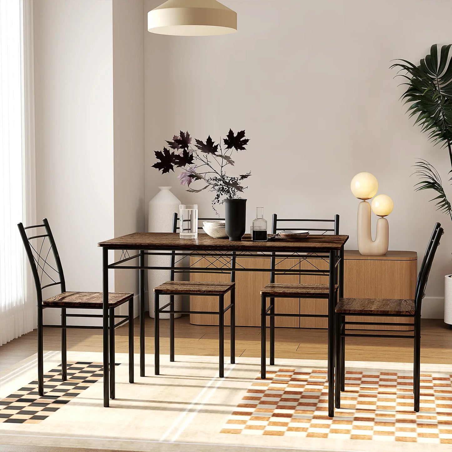Birutte Wooden Oak Effect And Black 5 Piece Minimal Dining Set