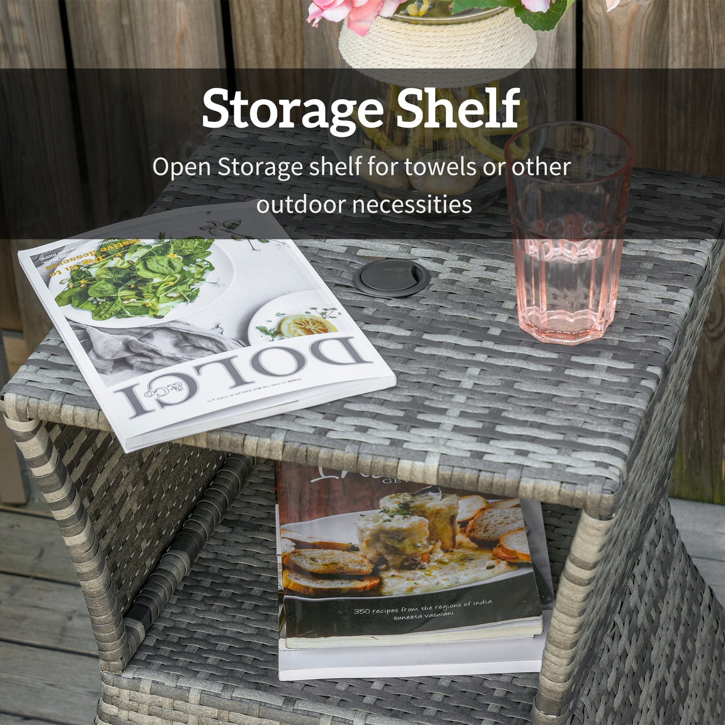 Toka Grey Rattan Outdoor Bistro Table With Umbrella Hole And Shelf