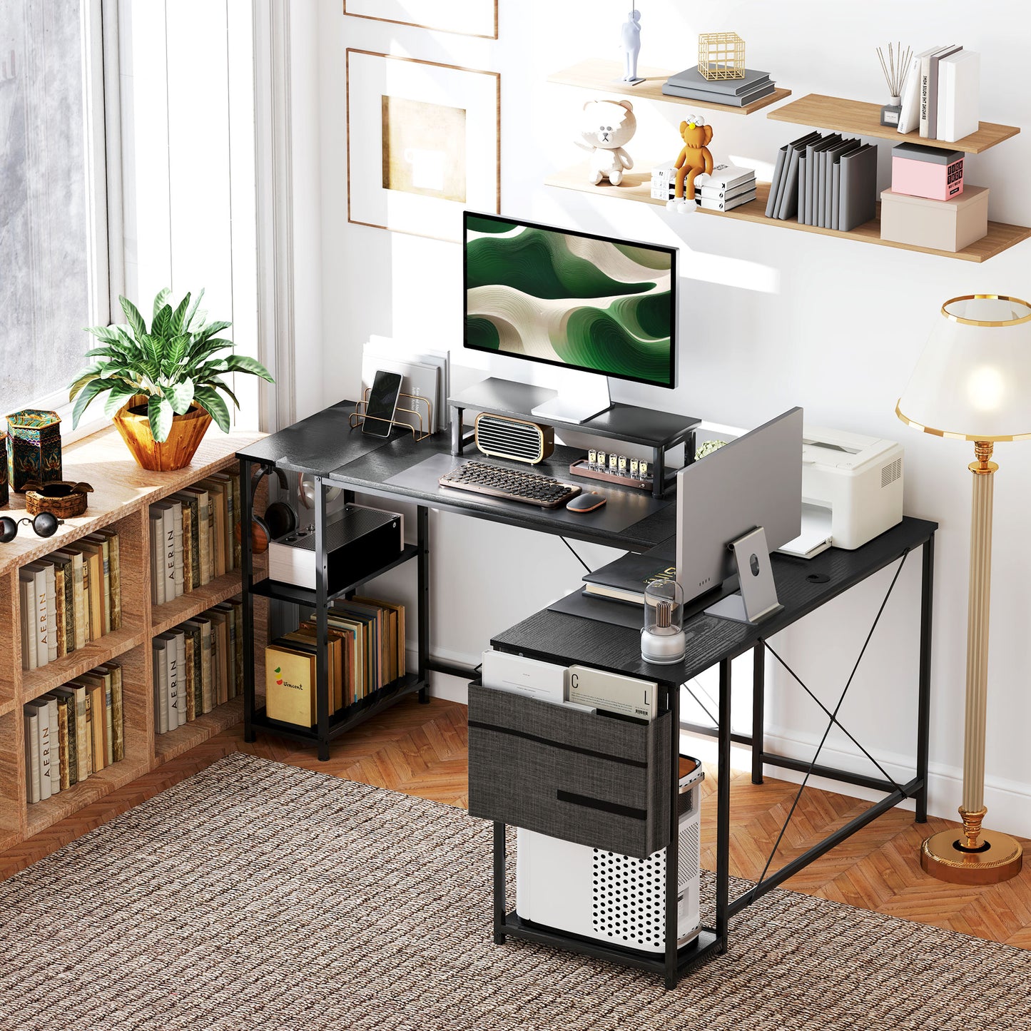 Kadoso 168cm Black Reversible Industrial L Shaped Desk With Adjustable Shelves And Monitor Stand