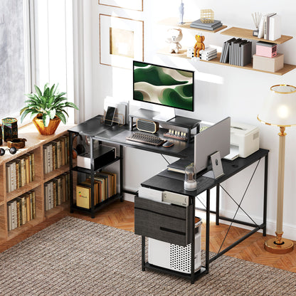 Kadoso 168cm Black Reversible Industrial L Shaped Desk With Adjustable Shelves And Monitor Stand