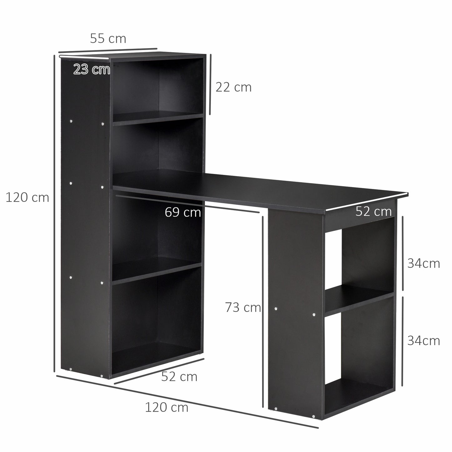 Elni 120cm Wooden Black Study Desk With 6 Tier Bookshelf Storage