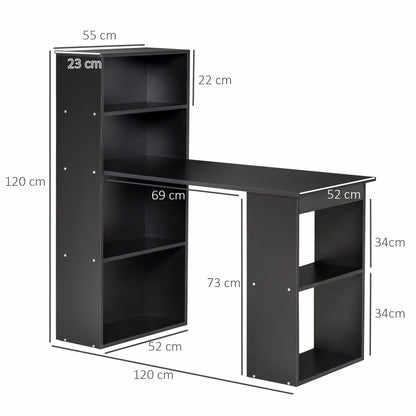 Elni 120cm Wooden Black Study Desk With 6 Tier Bookshelf Storage