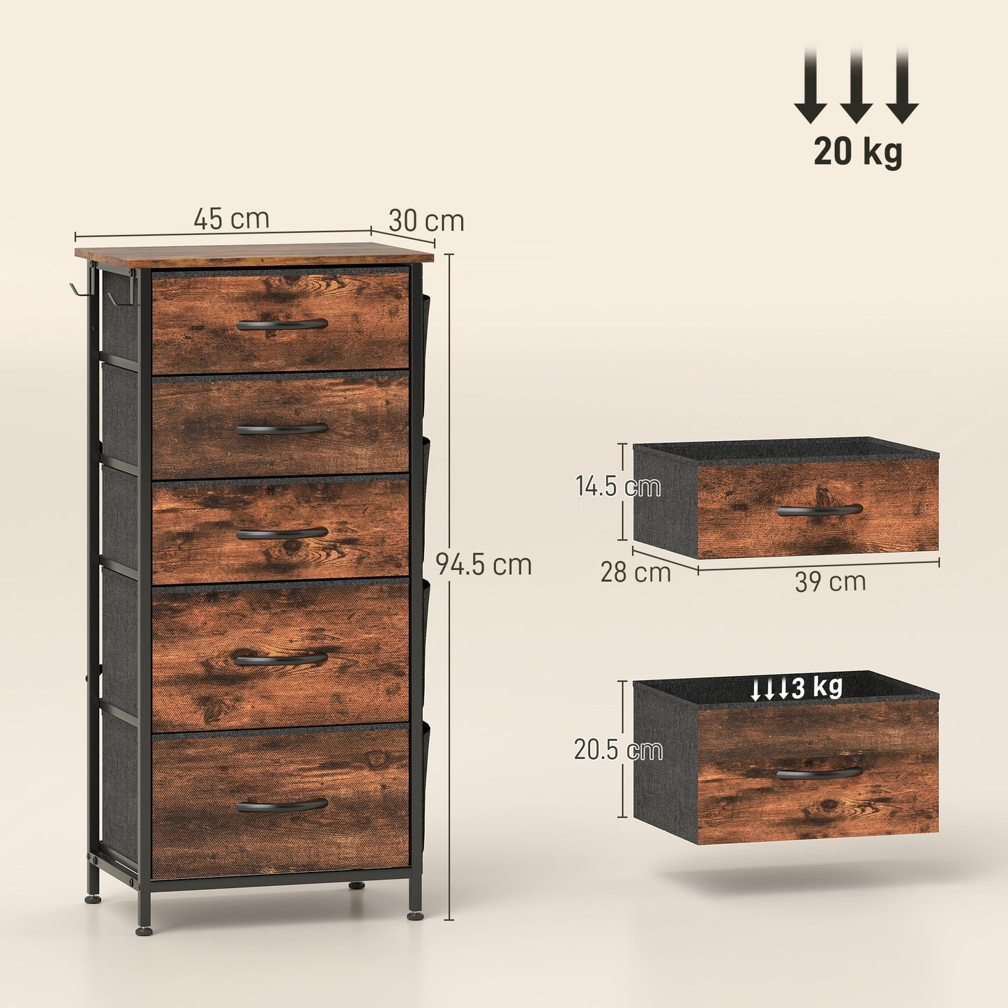 Kepa Fabric And Metal Rustic Brown 5 Drawer Storage Chest
