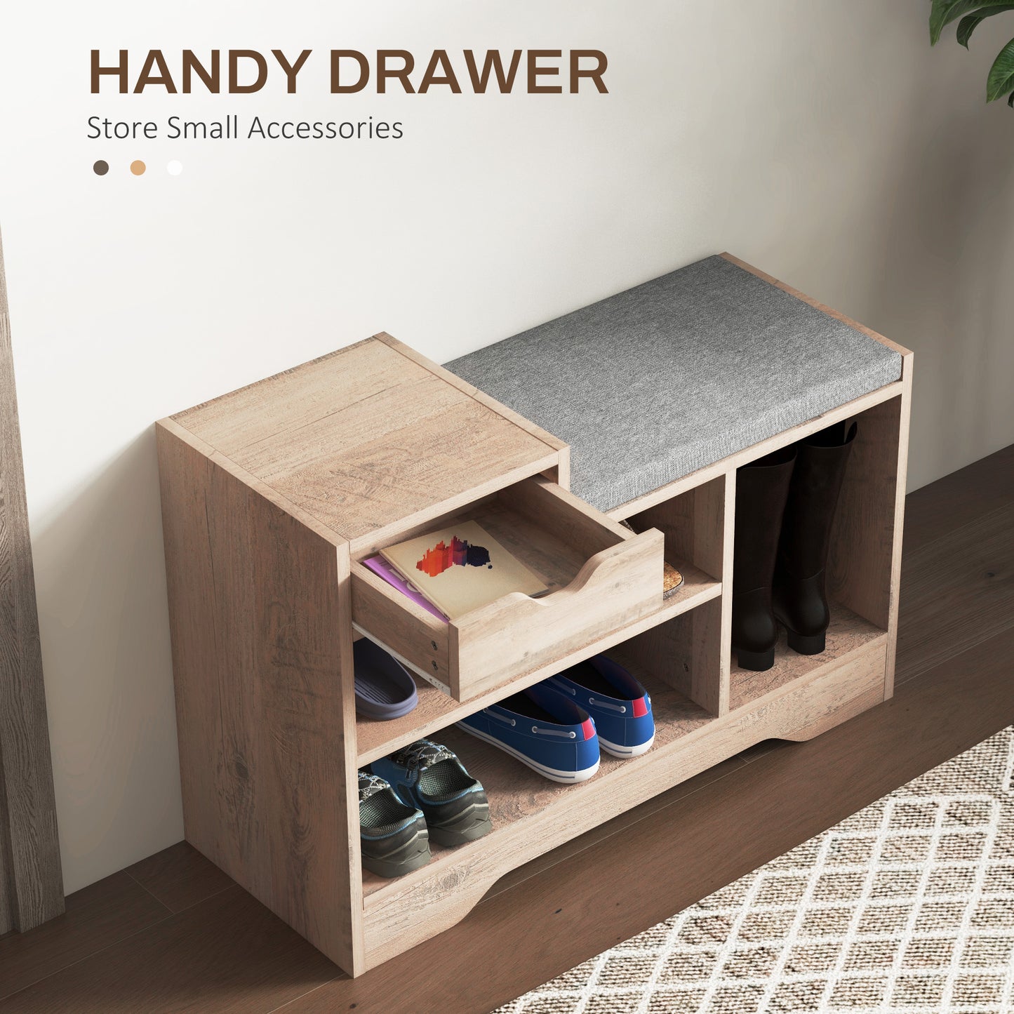 Lapa Wooden Multi Compartment Shoe Bench 1 Drawer Grey Cushioned Seat