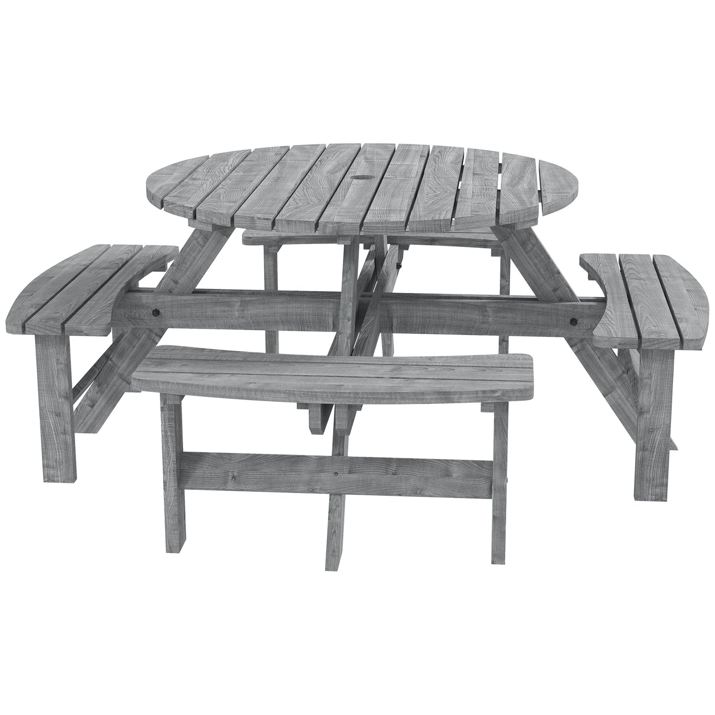 Neel 8 Seater Grey Wood Round Garden Picnic Set Table and Benches
