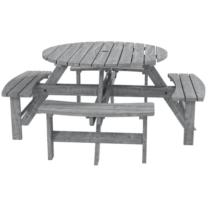 Neel 8 Seater Grey Wood Round Garden Picnic Set Table and Benches