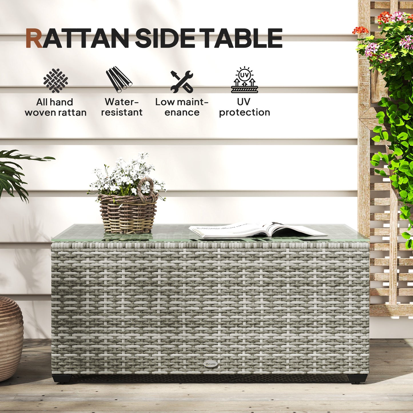 Vimi 90cm Rattan Light Grey Glass Top Side Table