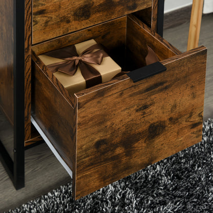 Naba Metal and Wood Rustic Brown Set Of 2 Industrial 3 Drawer Storage Bedside Tables