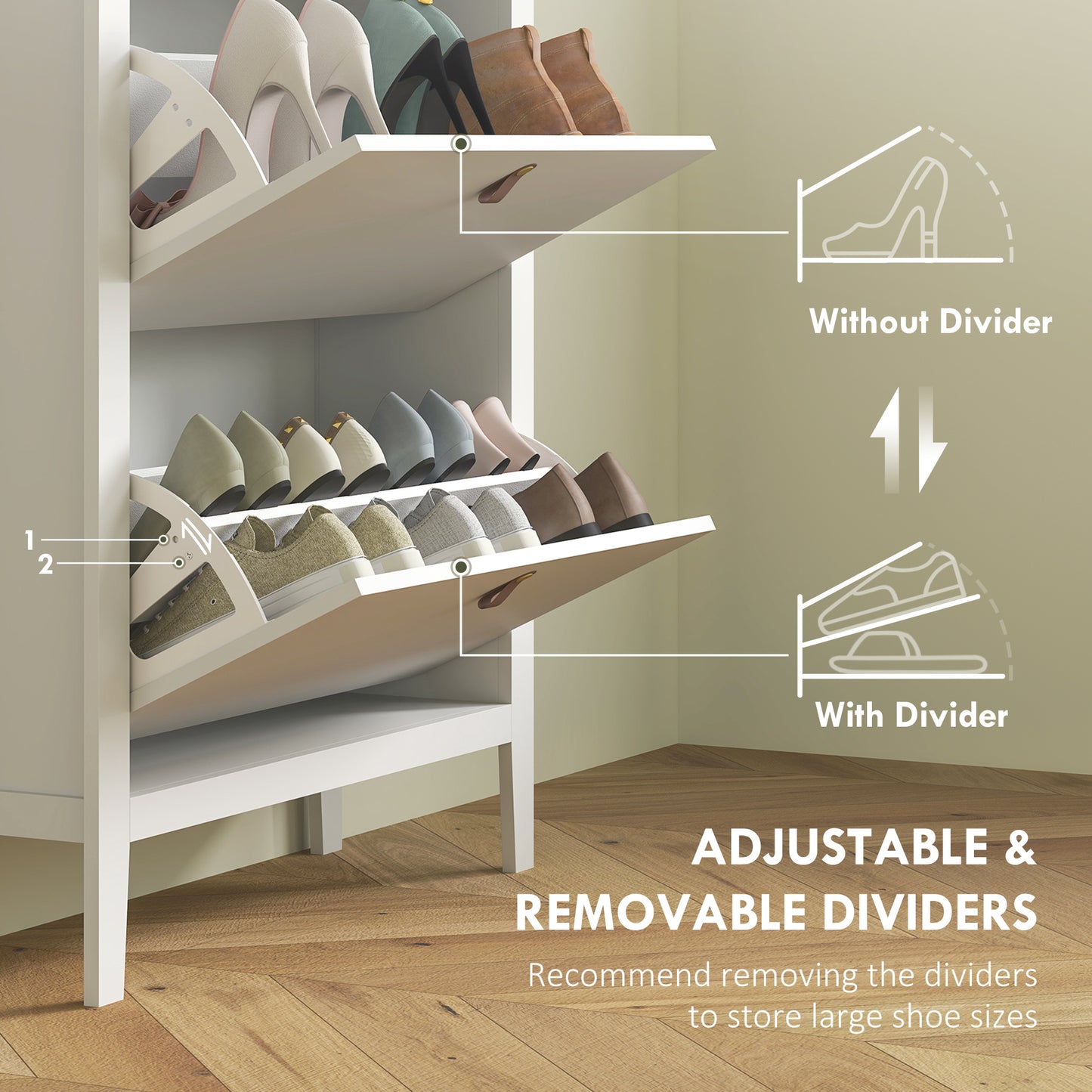 Rimi Wooden White and Natural 2 Drawer Shoe Cabinet Faux Leather Handles