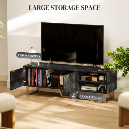 Baseva 140cm Wooden Black and Gold Marble Effect TV Unit With Fluted Doors For Screens Up To 70 Inches