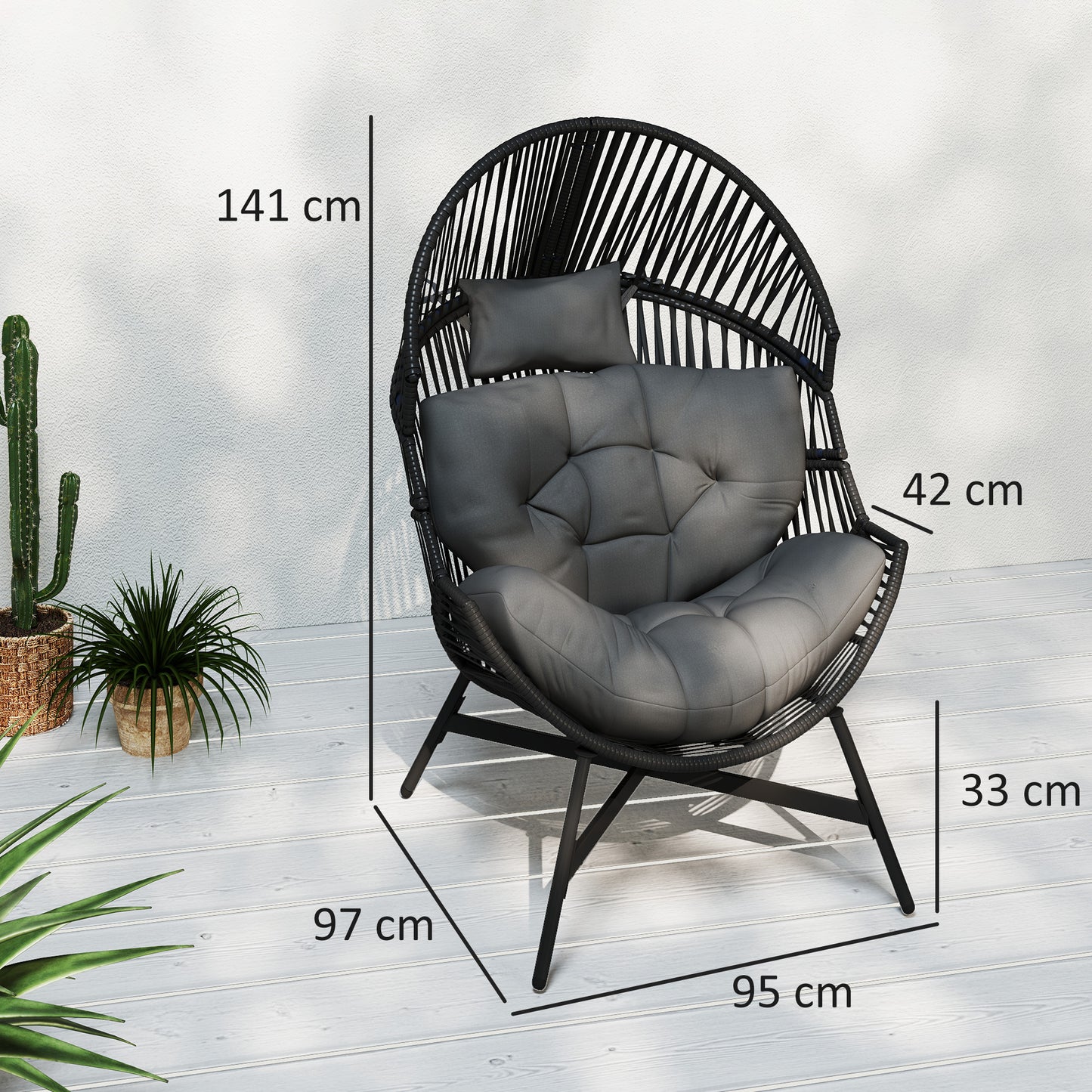 Rataco Rattan Charcoal Grey Oversized Freestanding Egg Chair With Tufted Cushion And Headrest