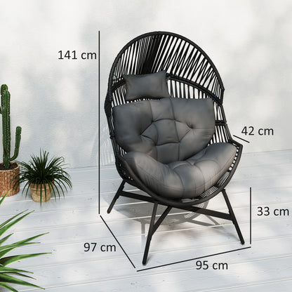 Rataco Rattan Charcoal Grey Oversized Freestanding Egg Chair With Tufted Cushion And Headrest