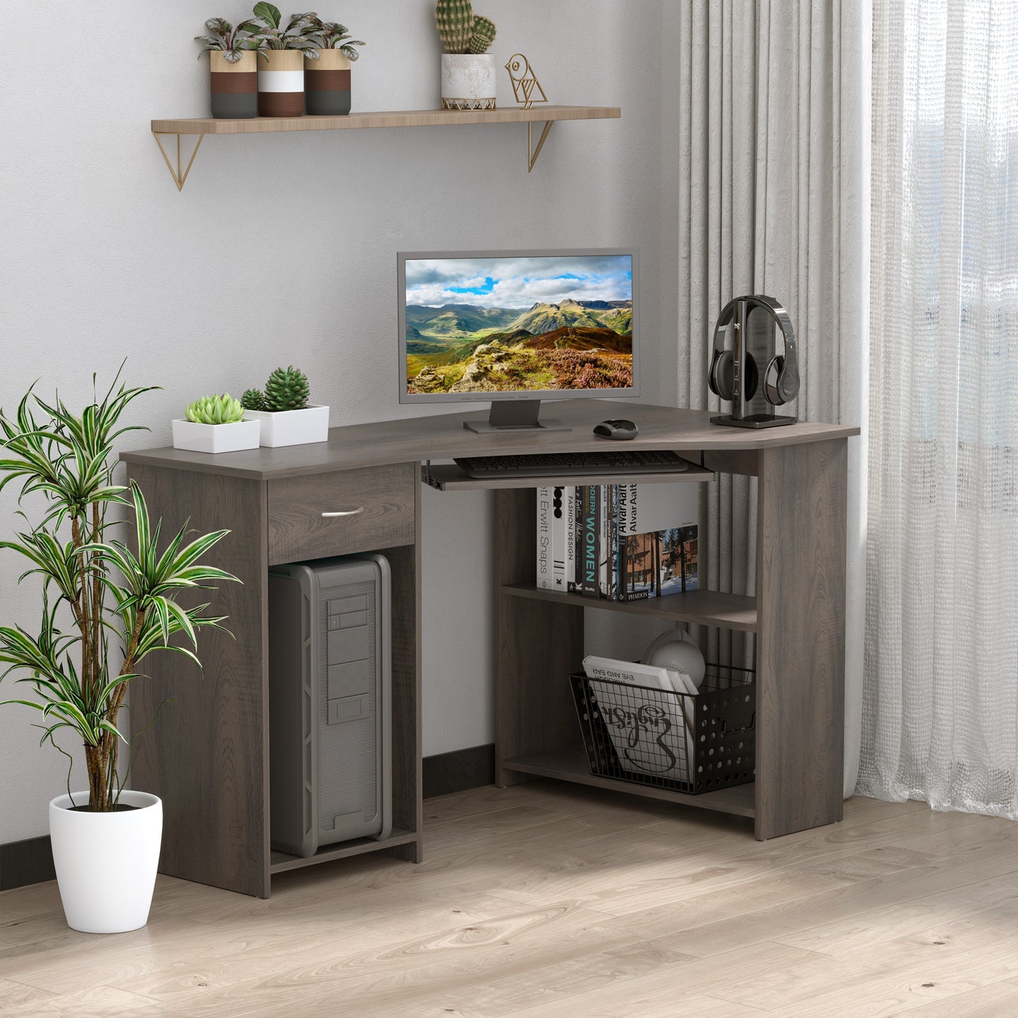 Nifi 120cm Wooden Grey L Shaped Corner Desk With Keyboard Tray Drawers And Shelving