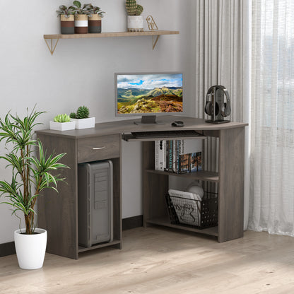 Nifi 120cm Wooden Grey L Shaped Corner Desk With Keyboard Tray Drawers And Shelving