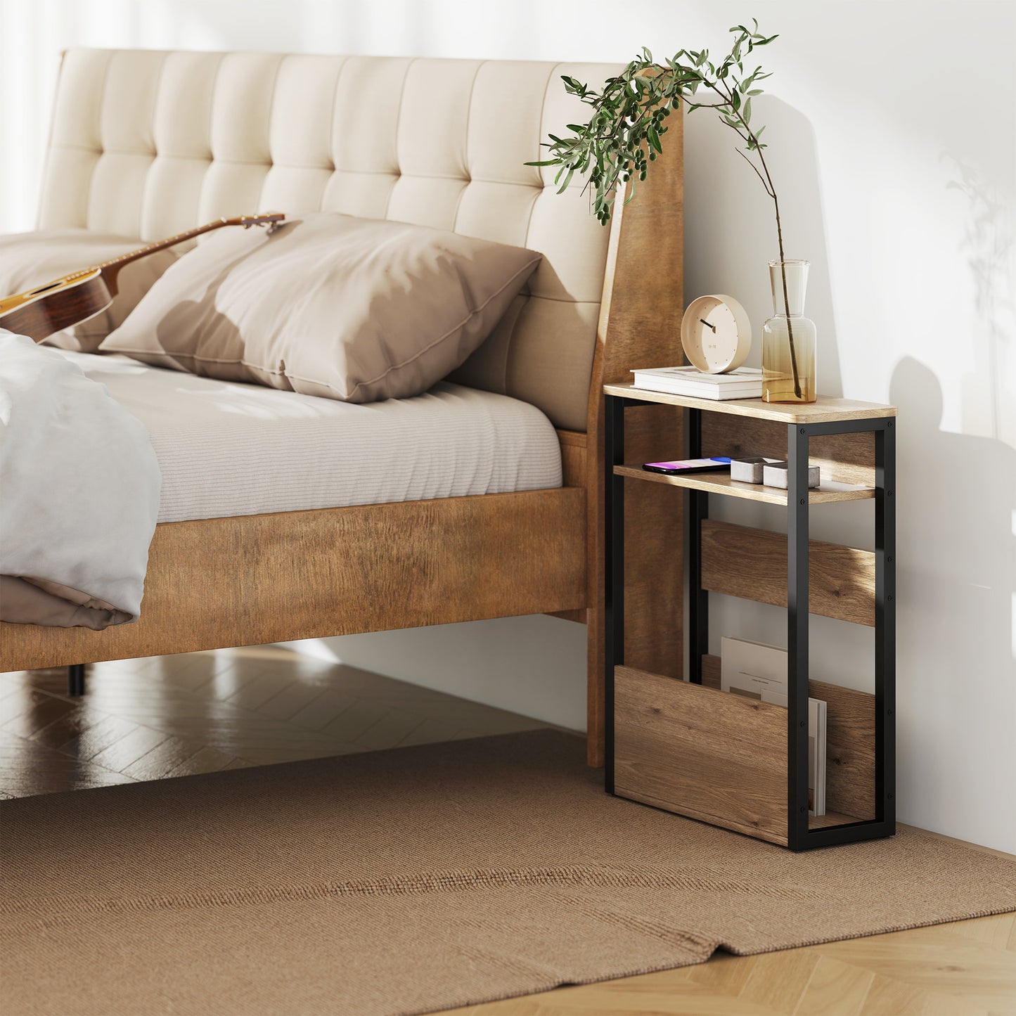 Neleke Metal And Wooden Black And Walnut Industrial Accent Magazine Side Table