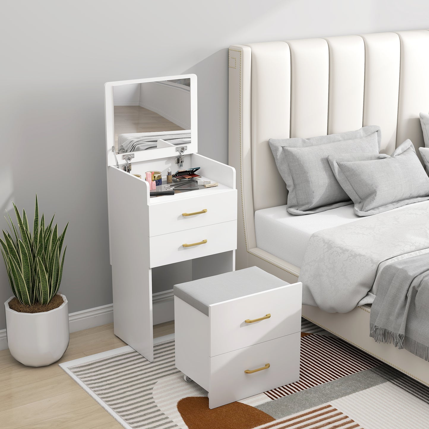 Yova White Compact Dressing Table And Stool Set With Storage