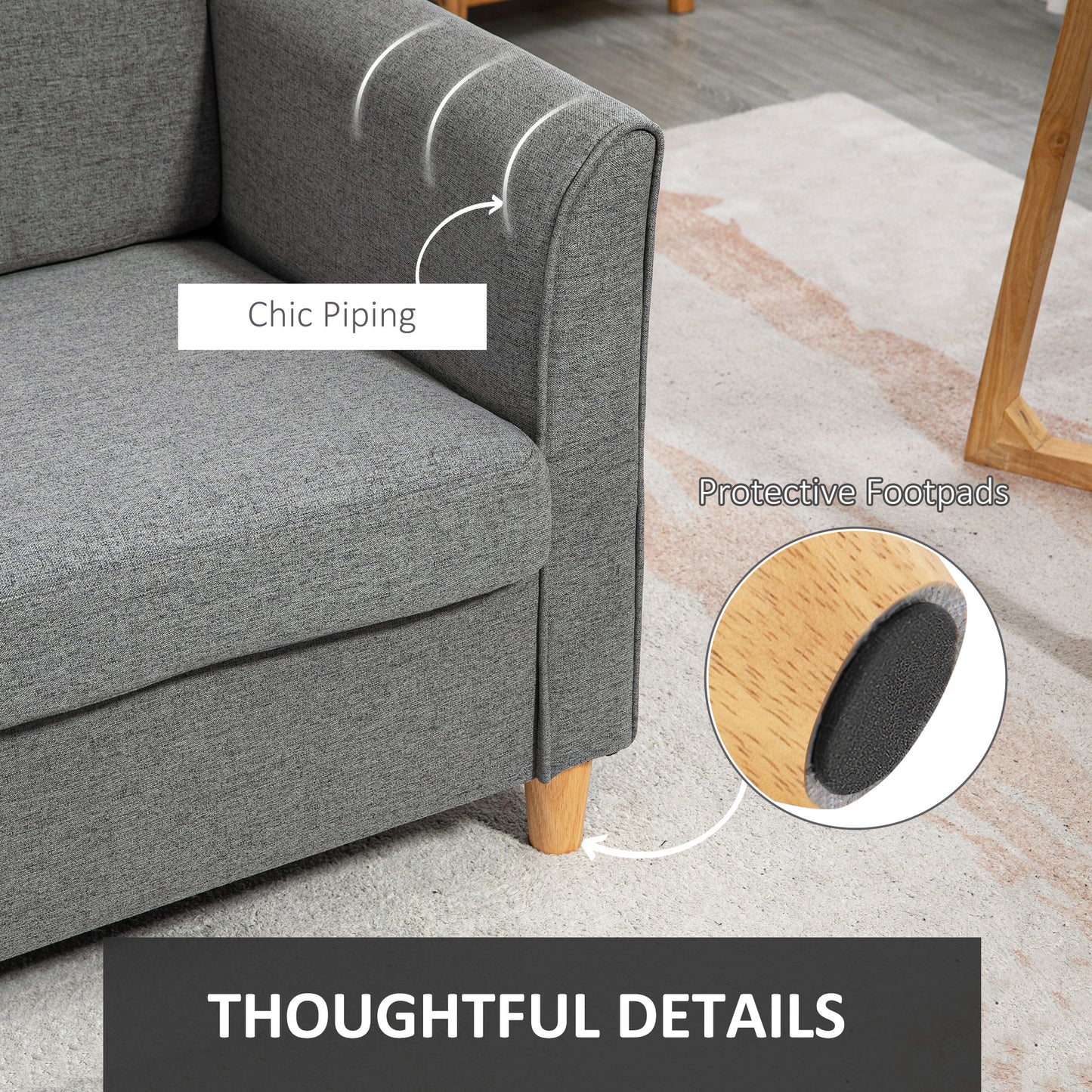 Loveka Fabric Grey Compact 2 Seater Sofa With Wooden Legs And Armrests