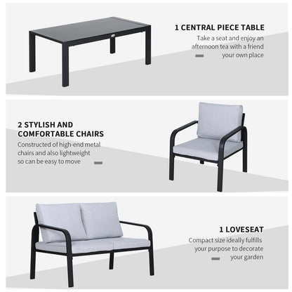 Salela 4 Seater Light Grey Garden Sofa Set with Sofa 2 Armchairs and Coffee Table Black Aluminium Frame