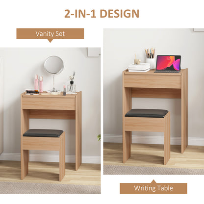 Nolena Natural Wood Vanity Desk With Flip Mirror Cushioned Stool And Storage
