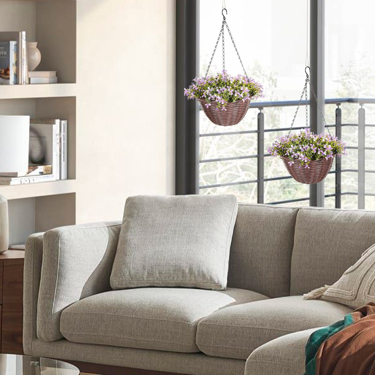 Fito Set Of 2 Hanging Artificial Flower Baskets With Mixed Leaves And Blooms For Indoor Display