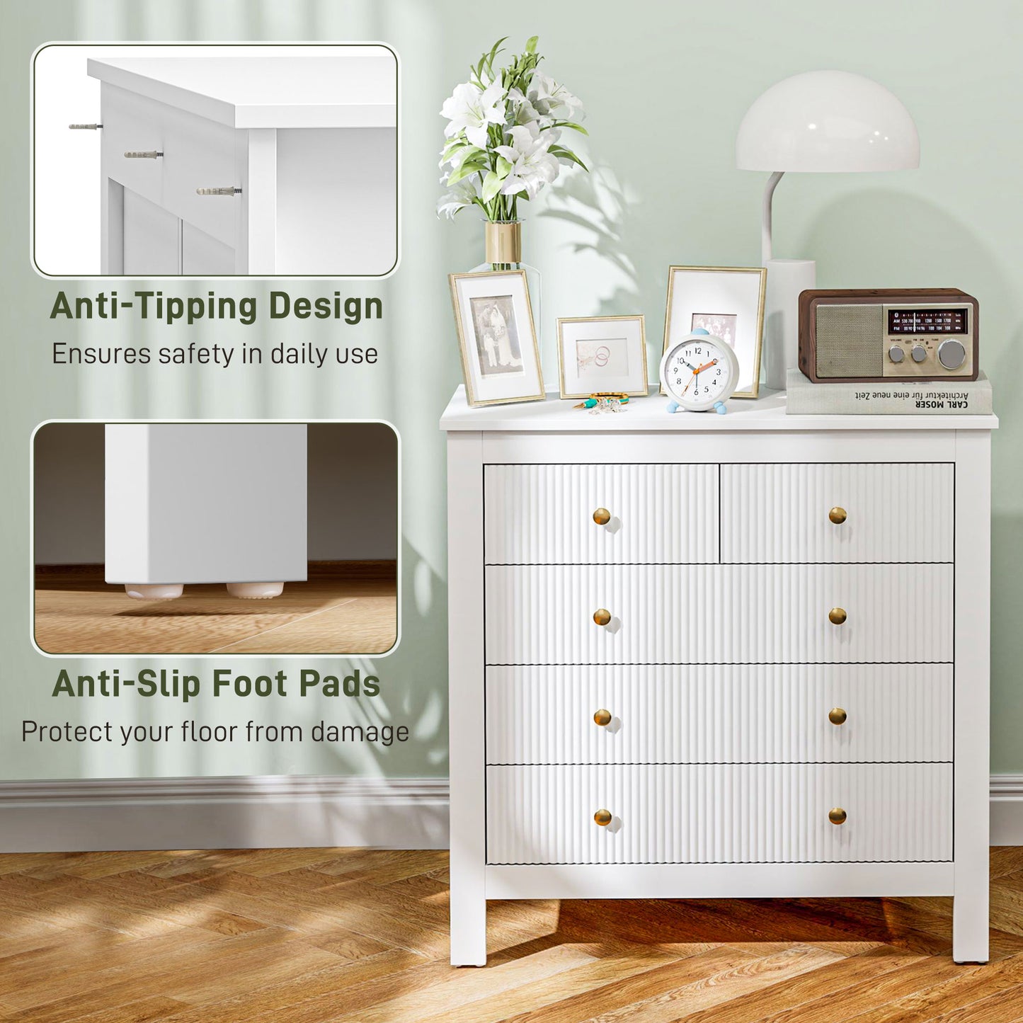 Vedise Wooden White Elegant 5 Drawer Chest Of Drawers