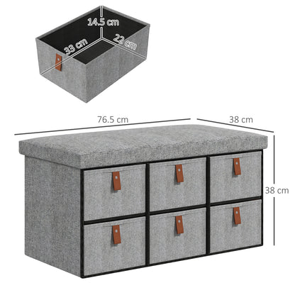 Taelha Light Grey Fabric Shoe Bench With Cushioned Seat And 6 Fabric Drawers
