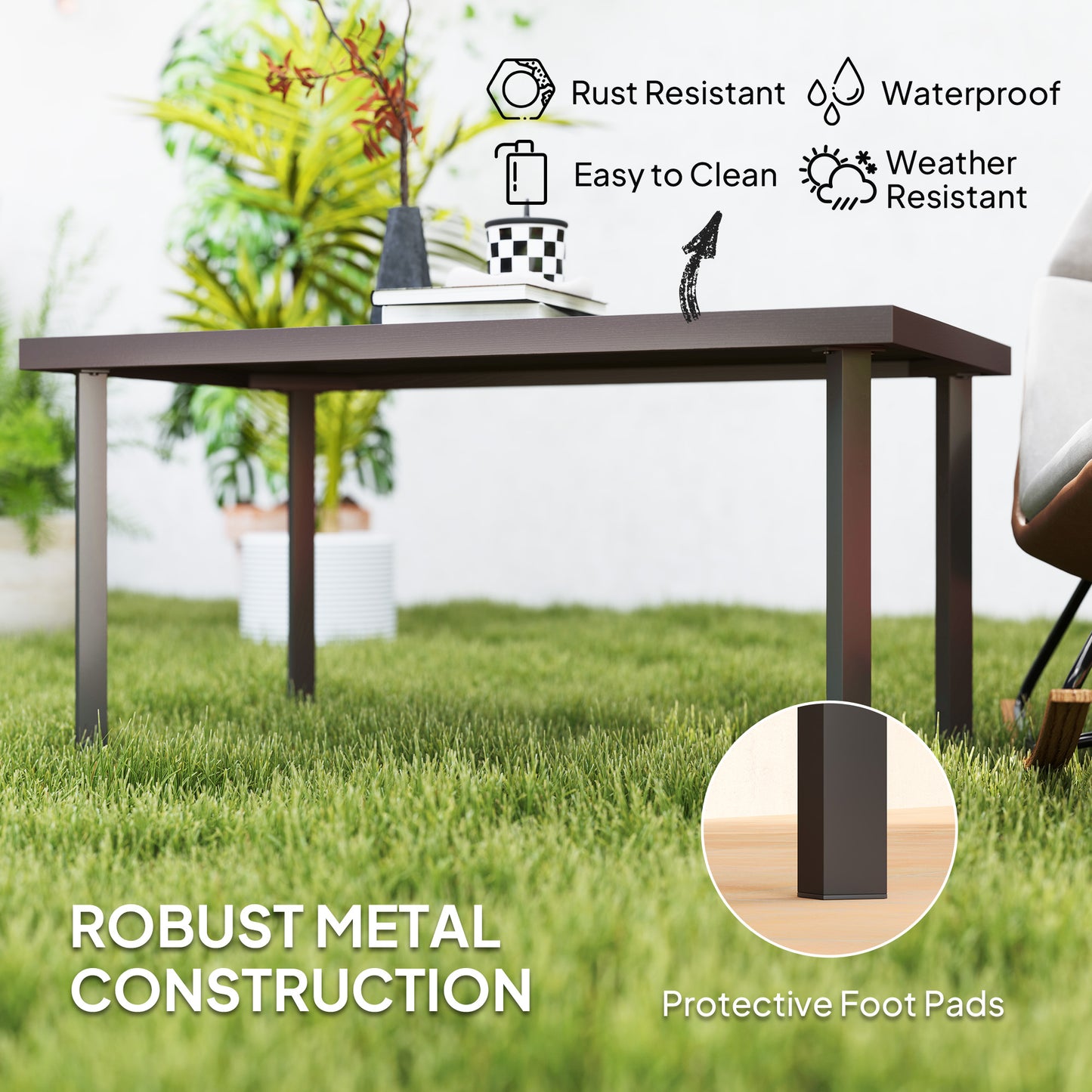 Satami Metal And Wooden Brown Outdoor Rectangular Coffee Table With Woodgrain Top