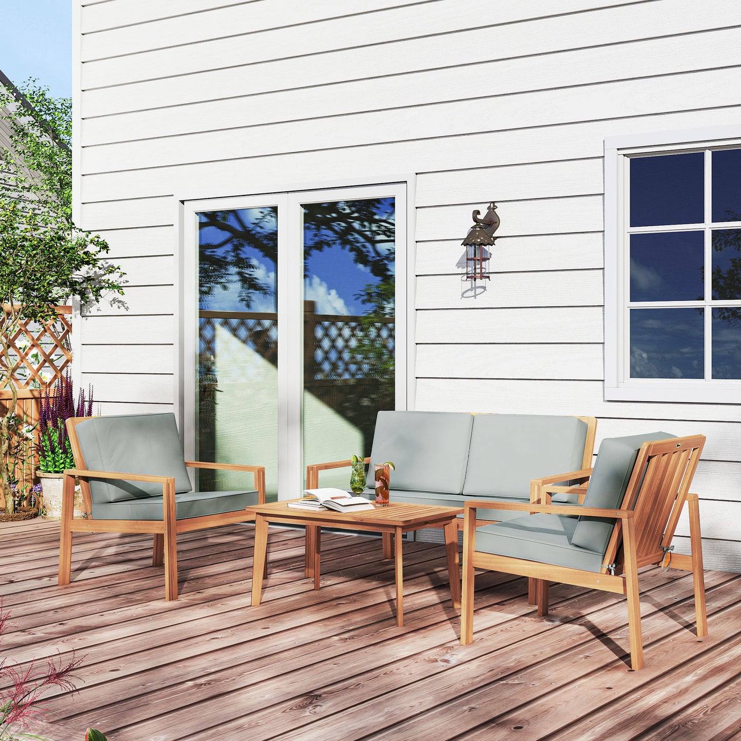 Rotoyo Teak Wood 4 Seater Outdoor Garden Furniture Set with Grey Cushions