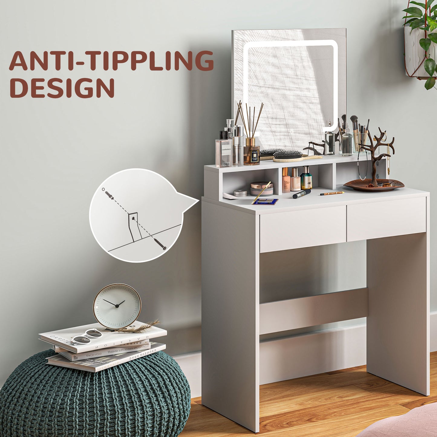 Linora Roso White Dressing Table With LED Mirror And Built In Storage