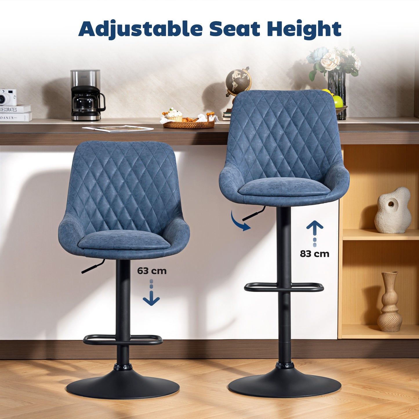 Sekamo Set Of 2 Dark Blue Faux Leather Retro Bar Chairs