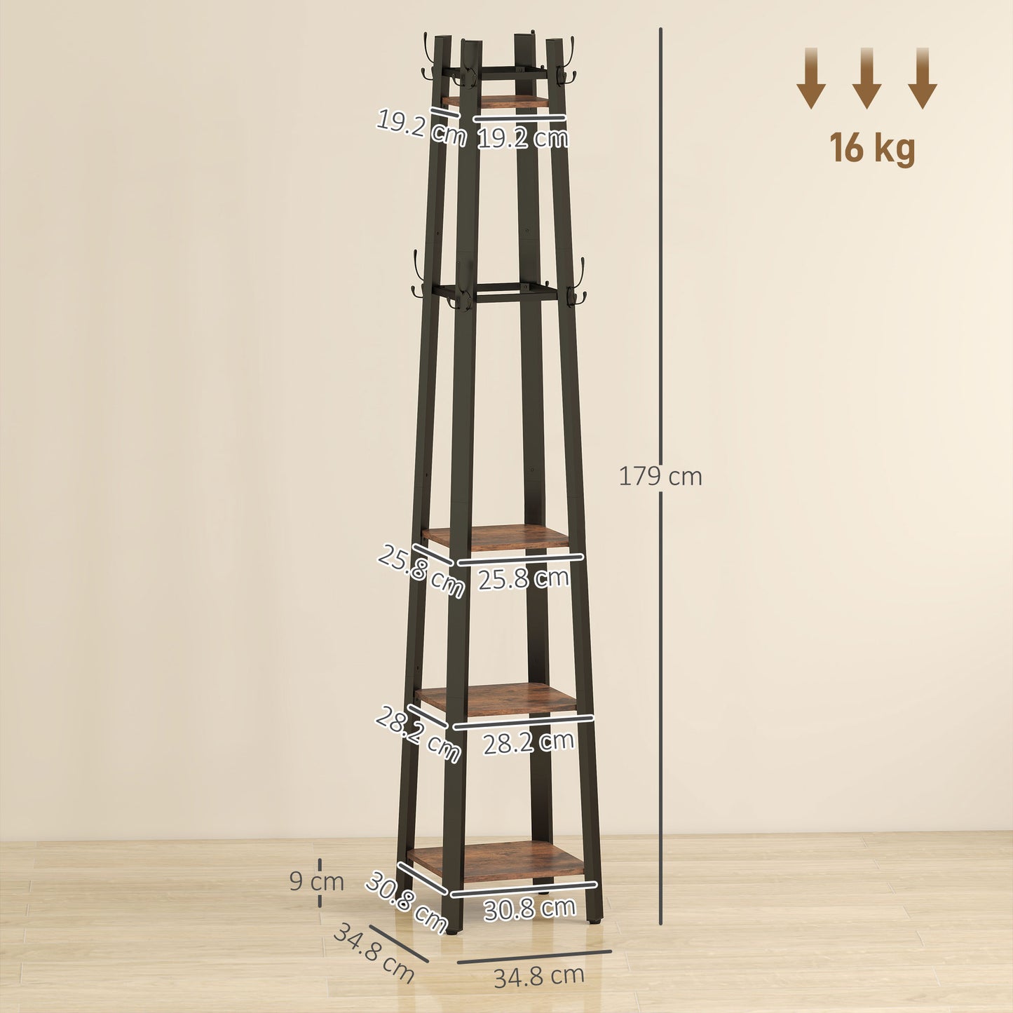 Kareva Metal And Wood Brown And Black 4 Tier Industrial Coat Stand With Shelves