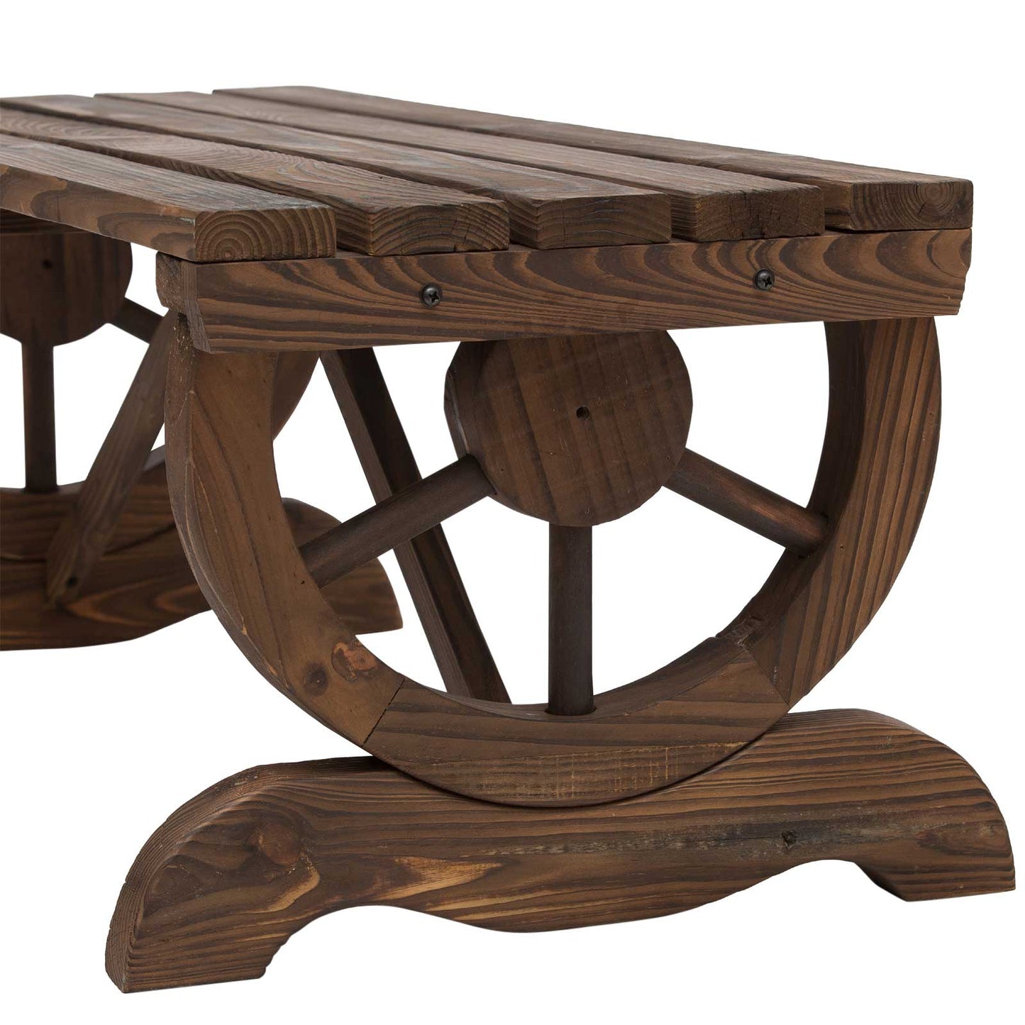 Vini Wood Brown Rustic Garden Bench With Wagon Wheel Legs And Slatted Seat For 2