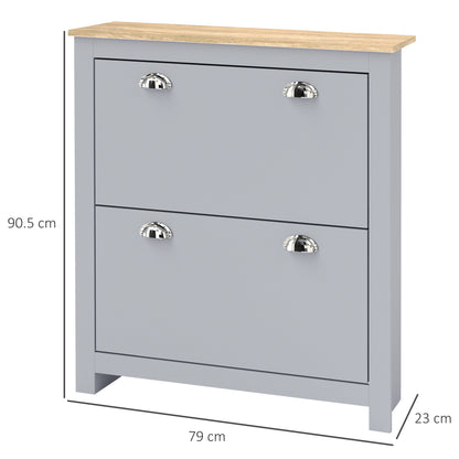 Kamcha Grey and Natural Wood Narrow Shoe Cabinet With 2 Flip Drawers For 6 To 12 Pairs