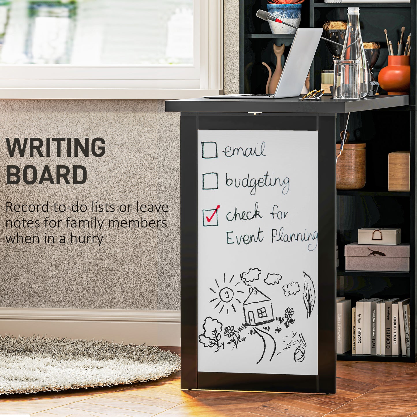 Elrika 98cm Black 3 Section Work Desk With Writing Board And Storage